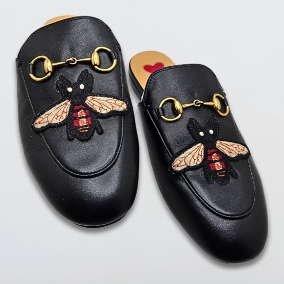 Gucci Princetown Mules Horsebit Bee Embroidered Slip-On Leather Black Women's 35 - Picture 4 of 10